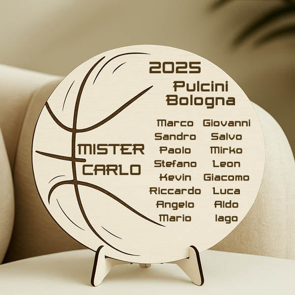 Targa regalo in legno per allenatore squadra di basket con nomi di tutta la squadra 