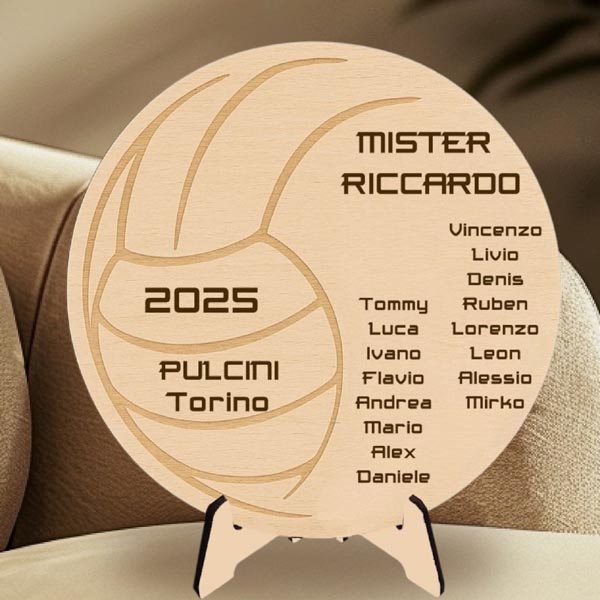 Targa regalo in legno per allenatore squadra di pallavolo con nomi di tutta la squadra 